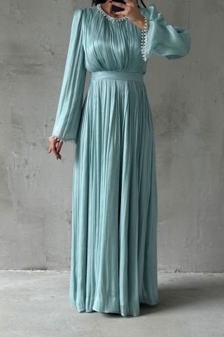 Pearl Embellished Flowing Organza Fabric Modest Evening Dress Mint Green