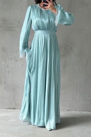Pearl Embellished Flowing Organza Fabric Modest Evening Dress Mint Green