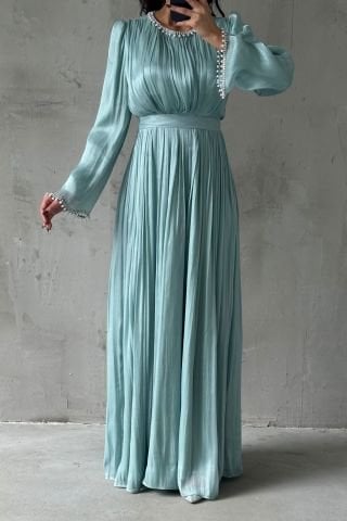 Pearl Embellished Flowing Organza Fabric Modest Evening Dress Mint Green