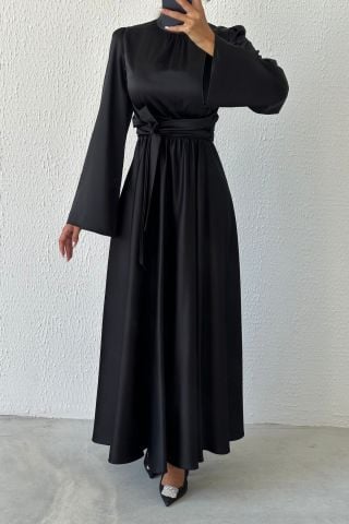 Flowing Elegance: Flounce Sleeve Satin Hijab Evening Dress Black
