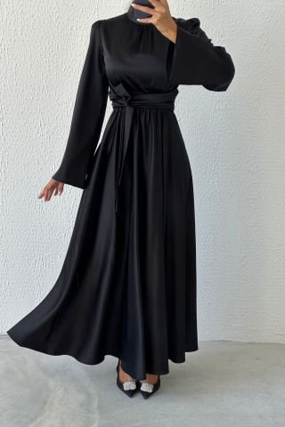 Flowing Elegance: Flounce Sleeve Satin Hijab Evening Dress Black