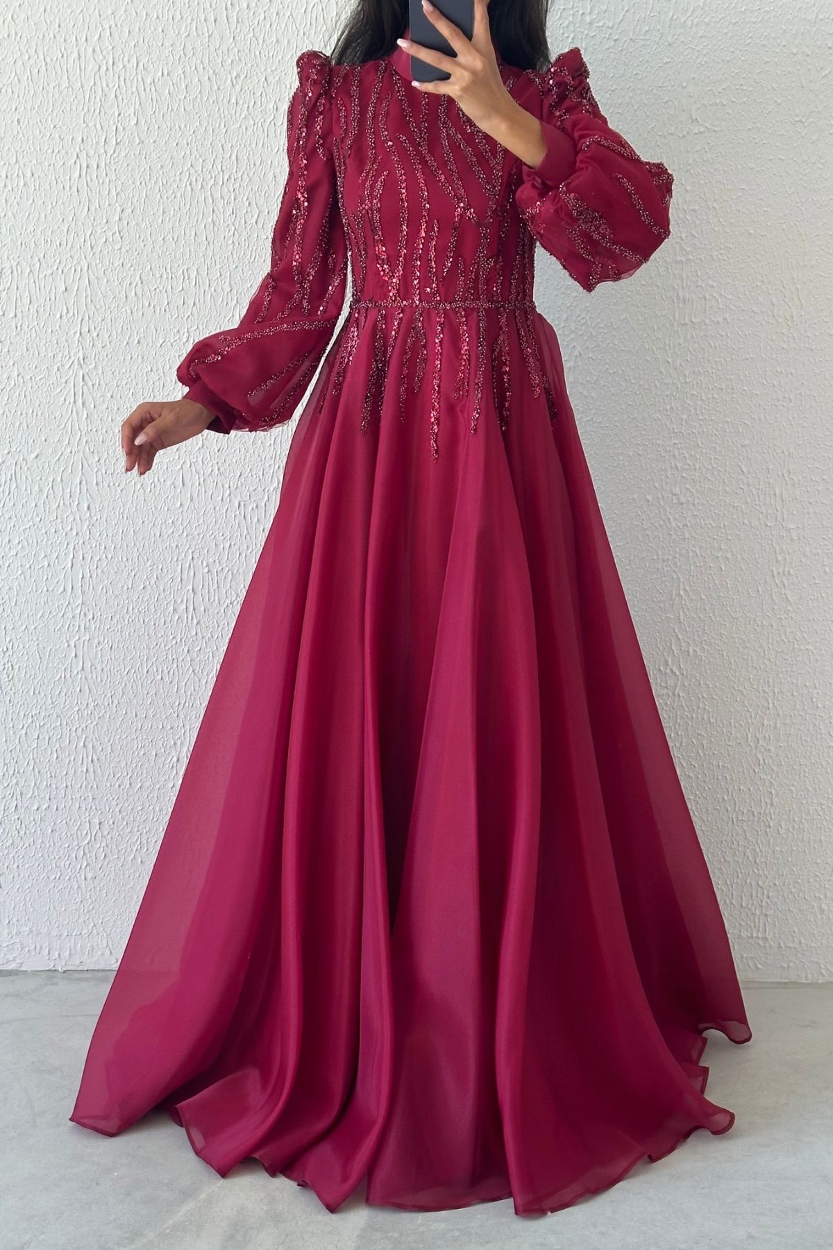 Infinite Elegance: Organza Embroidered Modest Evening Dress Burgundy