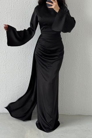 Kuyruk Detaylı Saten Tesettür Abiye Siyah