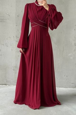 Sleeve and Waist Detailed Chiffon Hijab Evening Dress Burgundy