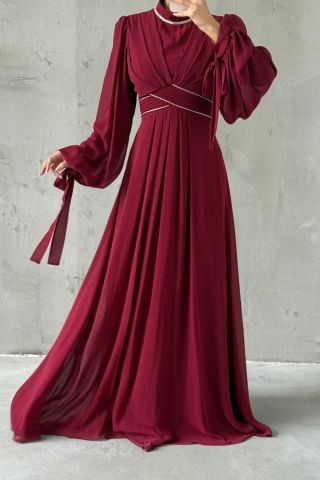 Kol Ve Bel Detaylı Şifon Tesettür Abiye Bordo