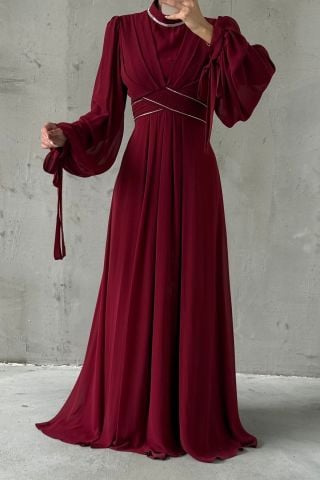 Kol Ve Bel Detaylı Şifon Tesettür Abiye Bordo