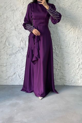 Kolu Ucu Taş Detaylı Saten Tesettür Abiye Mor