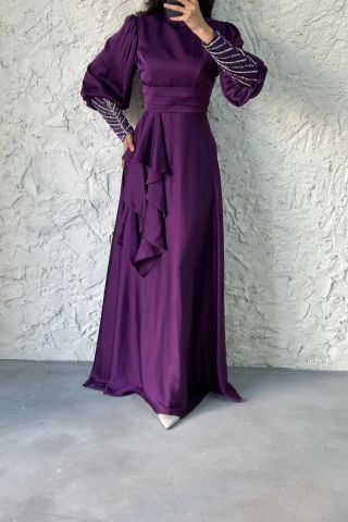 Satin Hijab Evening Dress Purple with Stone Detail on the Sleeve