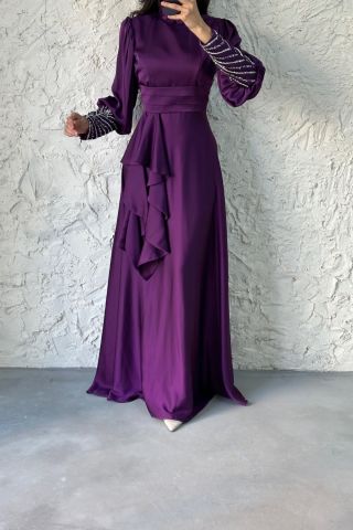 Kolu Ucu Taş Detaylı Saten Tesettür Abiye Mor