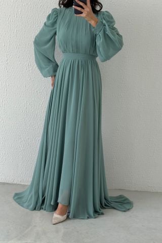 Önü Kısa Arkası Uzun Şifon Tesettür Abiye Su Yeşili