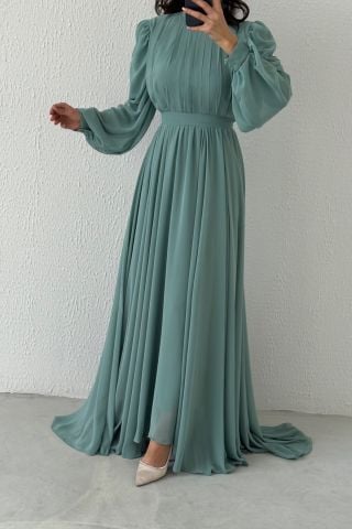 Önü Kısa Arkası Uzun Şifon Tesettür Abiye Su Yeşili