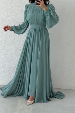 Önü Kısa Arkası Uzun Şifon Tesettür Abiye Su Yeşili