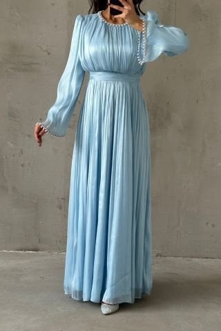 İncilerle Süslenmiş Akıcı Organze Kumaş Tesettür Abiye Bebe Mavisi