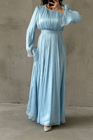 İncilerle Süslenmiş Akıcı Organze Kumaş Tesettür Abiye Bebe Mavisi