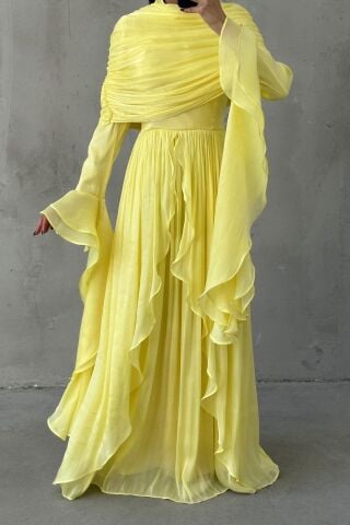 Volan Detaylı Fırfırlı Janjan Tesettür Abiye Sarı