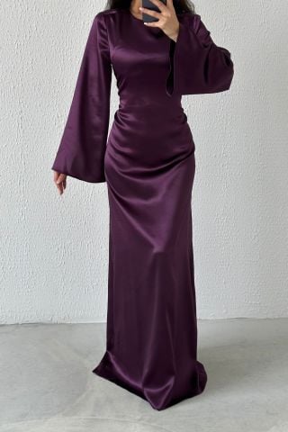 Basic Shiny Satin Hijab Evening Dress Purple with Back Tie Detail