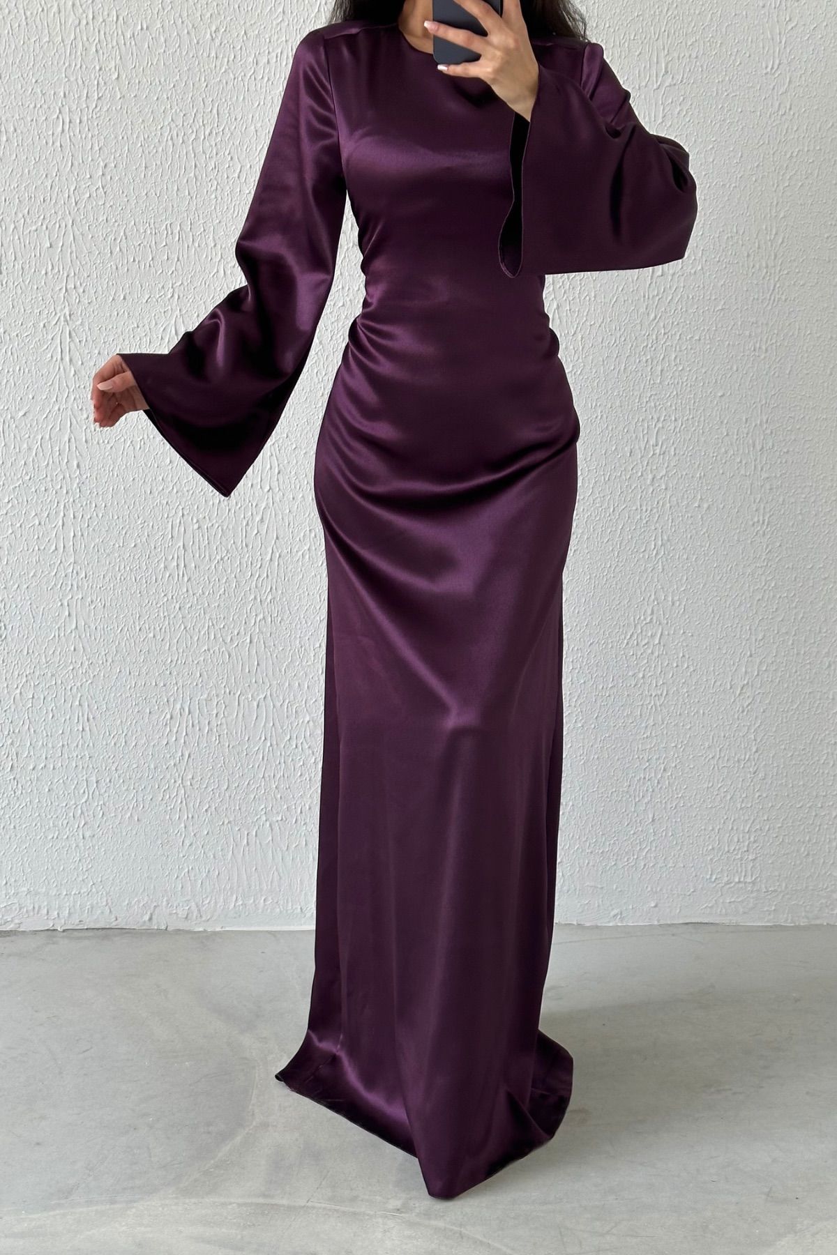 Basic Shiny Satin Hijab Evening Dress Purple with Back Tie Detail