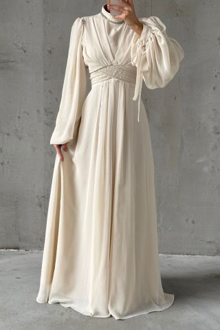 Chiffon Hijab Evening Dress with Sleeve and Waist Detail Ecru