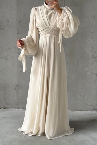 Chiffon Hijab Evening Dress with Sleeve and Waist Detail Ecru