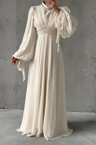 Chiffon Hijab Evening Dress with Sleeve and Waist Detail Ecru