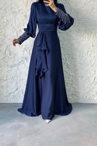 Satin Hijab Evening Dress with Stone Detail on the Sleeve, Navy Blue