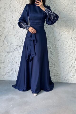 Satin Hijab Evening Dress with Stone Detail on the Sleeve, Navy Blue