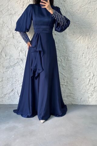 Satin Hijab Evening Dress with Stone Detail on the Sleeve, Navy Blue