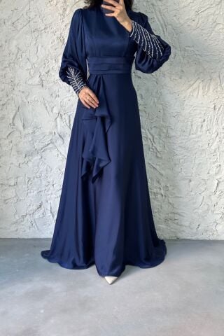 Satin Hijab Evening Dress with Stone Detail on the Sleeve, Navy Blue