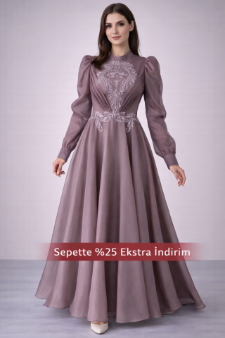 Zarif İşlemeli Organze Tesettür Abiye Lila