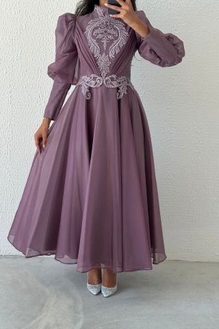 Elegant Embroidered Organza Modest Evening Dress Lilac