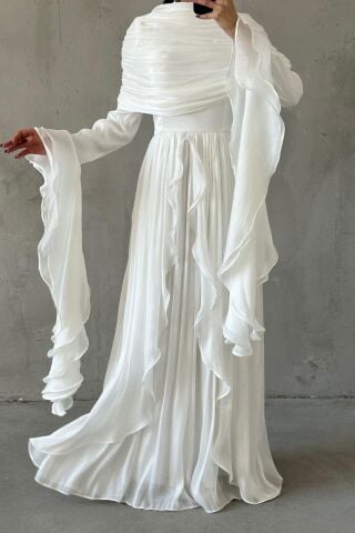 Volan Detaylı Fırfırlı Janjan Tesettür Abiye Beyaz