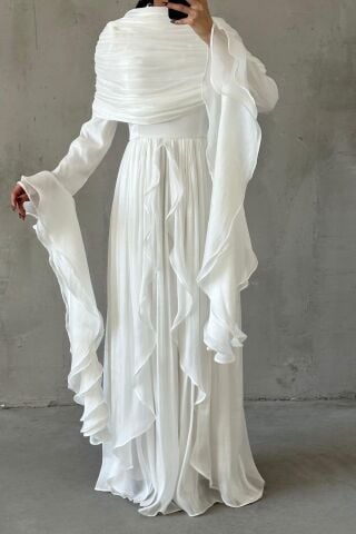 Volan Detaylı Fırfırlı Janjan Tesettür Abiye Beyaz