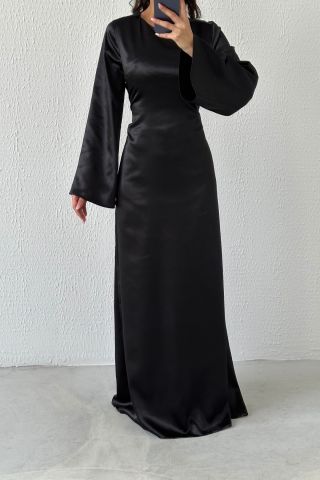 Basic Shiny Satin Hijab Evening Dress Black with Back Tie Detail