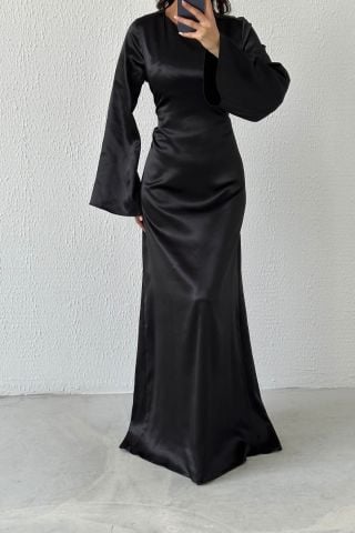 Basic Shiny Satin Hijab Evening Dress Black with Back Tie Detail