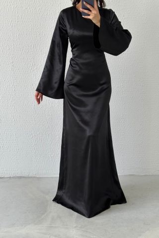 Basic Shiny Satin Hijab Evening Dress Black with Back Tie Detail