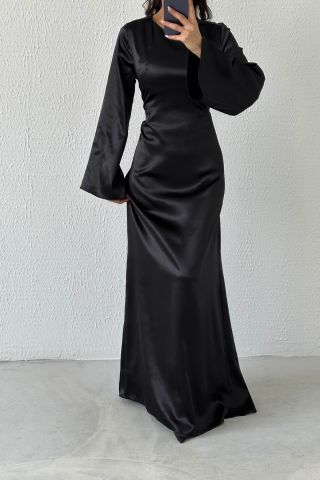 Basic Shiny Satin Hijab Evening Dress Black with Back Tie Detail
