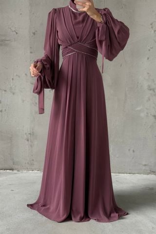 Chiffon Hijab Evening Dress with Sleeve and Waist Detail Lilac
