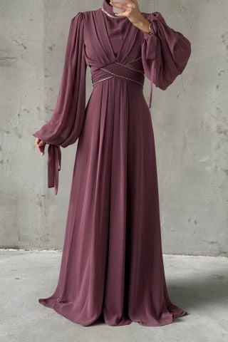Chiffon Hijab Evening Dress with Sleeve and Waist Detail Lilac