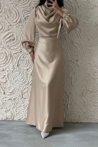 Flowing Flowing Satin Fabric Hijab Evening Dress Stone