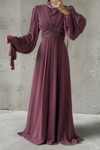 Chiffon Hijab Evening Dress with Sleeve and Waist Detail Lilac
