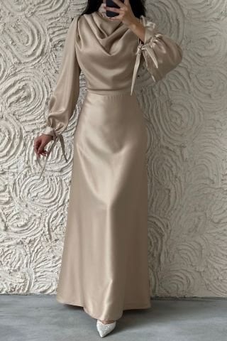 Flowing Flowing Satin Fabric Hijab Evening Dress Stone