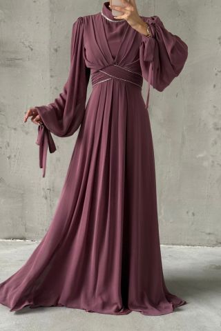 Chiffon Hijab Evening Dress with Sleeve and Waist Detail Lilac