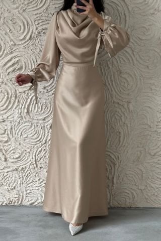 Flowing Flowing Satin Fabric Hijab Evening Dress Stone
