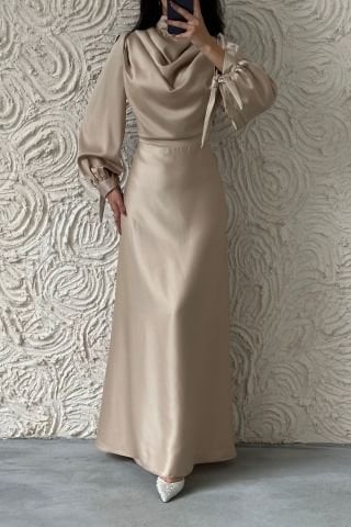 Flowing Flowing Satin Fabric Hijab Evening Dress Stone