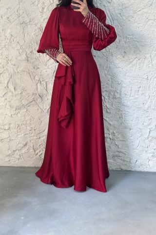 Kolu Ucu Taş Detaylı Saten Tesettür Abiye Bordo
