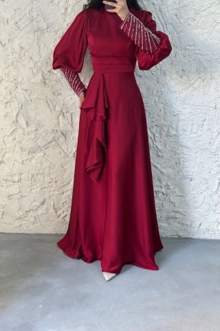 Kolu Ucu Taş Detaylı Saten Tesettür Abiye Bordo