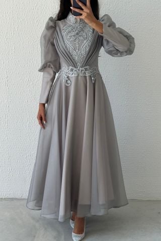 Elegant Embroidered Organza Hijab Evening Dress Gray