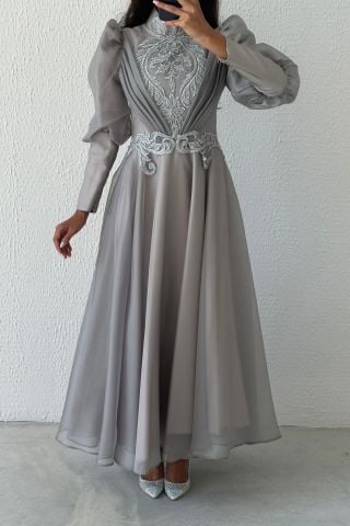 Elegant Embroidered Organza Hijab Evening Dress Gray