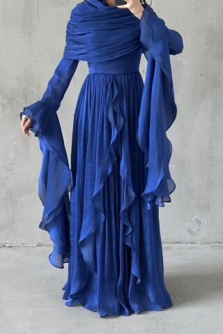 Volan Detaylı Fırfırlı Janjan Tesettür Abiye Saks Mavisi