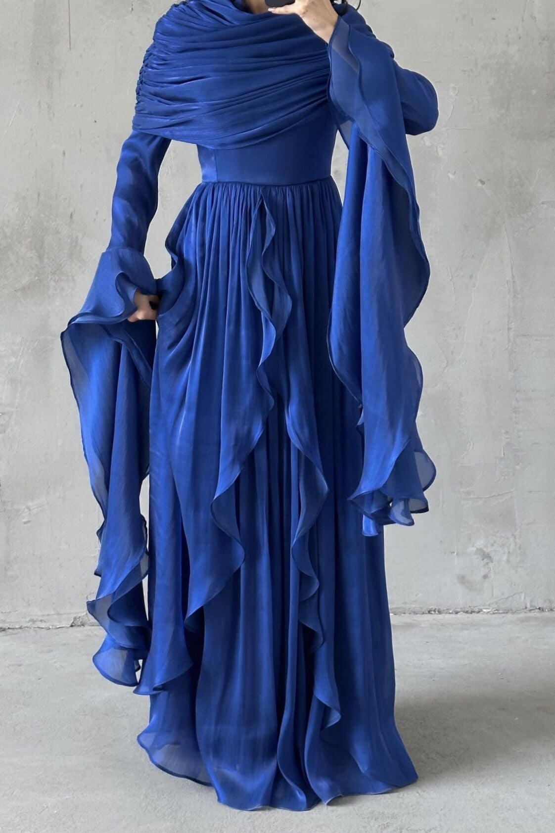 Volan Detaylı Fırfırlı Janjan Tesettür Abiye Saks Mavisi